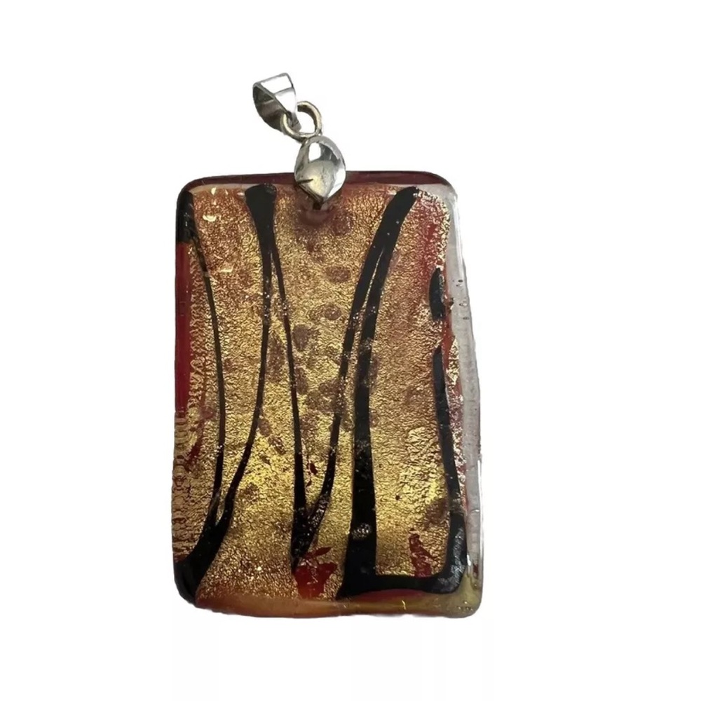Rectangle Glass Pendant Hand Blown Large Chunky Red Gold Black Swirl Witchy VTG